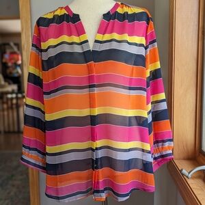 Banana Republic Sheer Long Sleeve Blouse Orange Yellow Pink Stripe Size XL